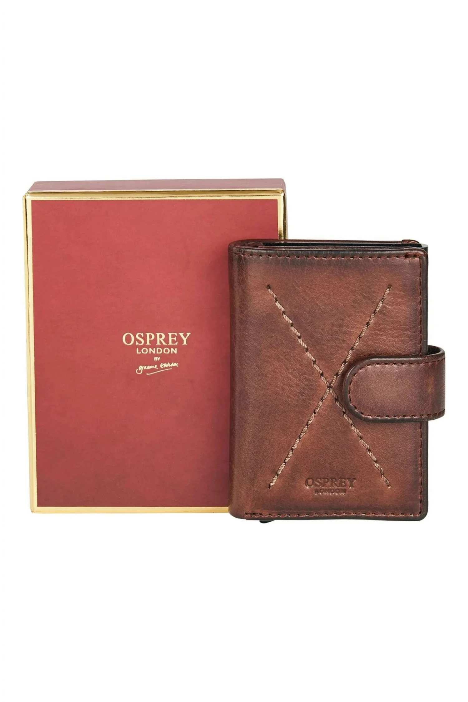 OSPREY LONDON Brown Cross Stitch Leather And Metal RFID Card Case 1 OSPREY LONDON Brown Cross Stitch Leather And Metal RFID Card Case