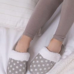 Totes Grey Isotoner Ladies Popcorn Mule With Fur Cuff