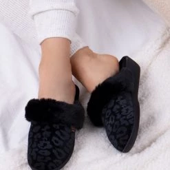 Totes Black Isotoner Ladies Velour Heeled Mule Slippers