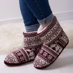 Totes Red Totes Ladies Fair Isle Boot Slippers
