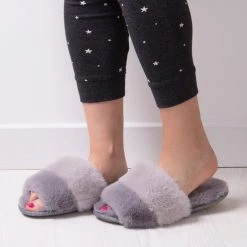 Totes Grey Totes Ladies Faux Fur Contrast Stripe Slider Slippers