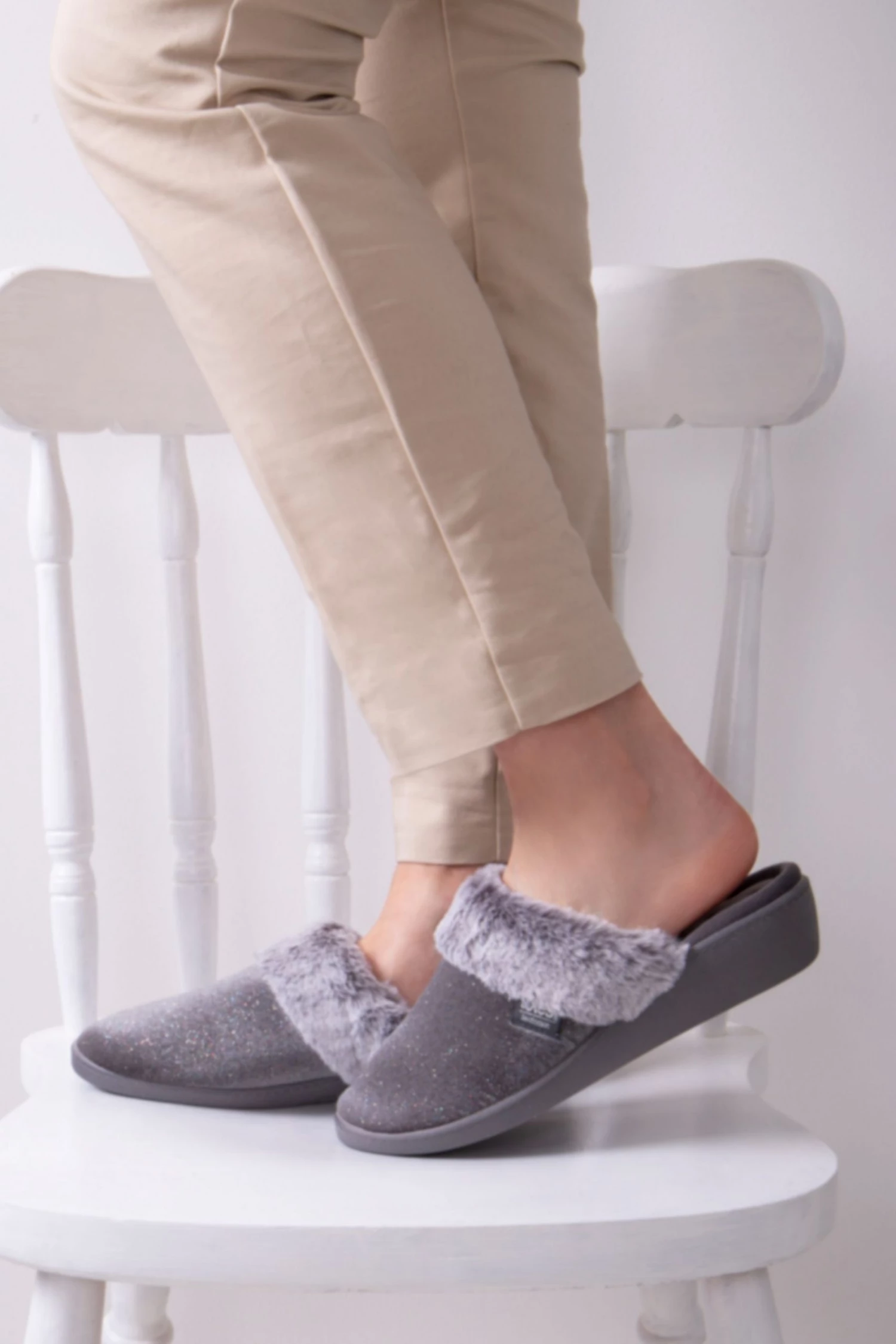 Totes Grey Isotoner Ladies Sparkle Velour Heeled Mule Slippers 1 Totes Grey Isotoner Ladies Sparkle Velour Heeled Mule Slippers