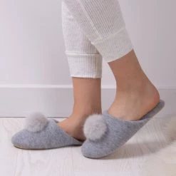 Totes Grey Ladies Cashmere Blend Mule Slippers With Soft Sole