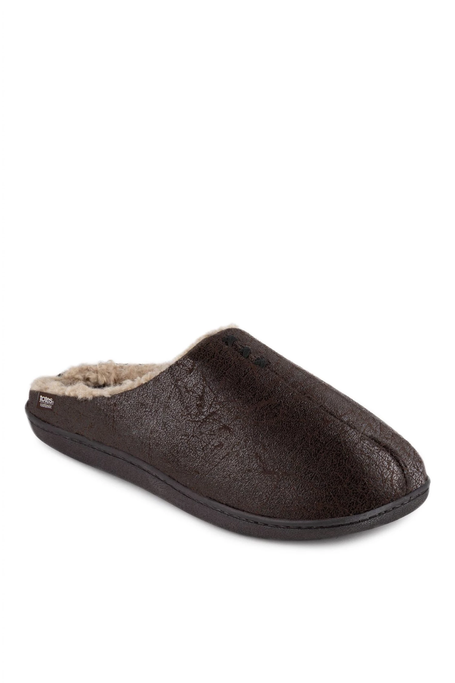 Totes Brown Isotoner Mens Distressed Mule With Check Sock Slippers 3 Totes Brown Isotoner Mens Distressed Mule With Check Sock Slippers - Image 3