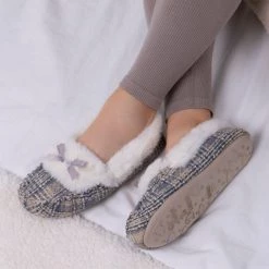 Totes Grey Ladies Brushed Check Moccasin Slippers