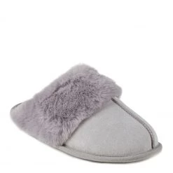 Totes Grey Isotoner Ladies Real Suede Mule With Fur Cuff