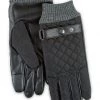 Totes Black Isotoner Mens Smartouch Quilted Gloves With Rib Cuff And Leather Strap