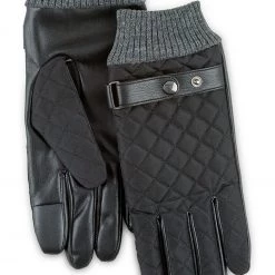 Totes Black Isotoner Mens Smartouch Quilted Gloves With Rib Cuff And Leather Strap